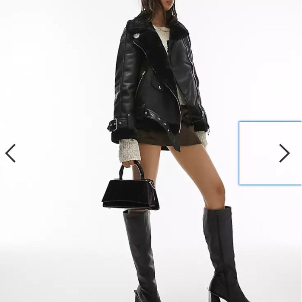 NEW Topshop faux leather shearling aviator biker jacket in black